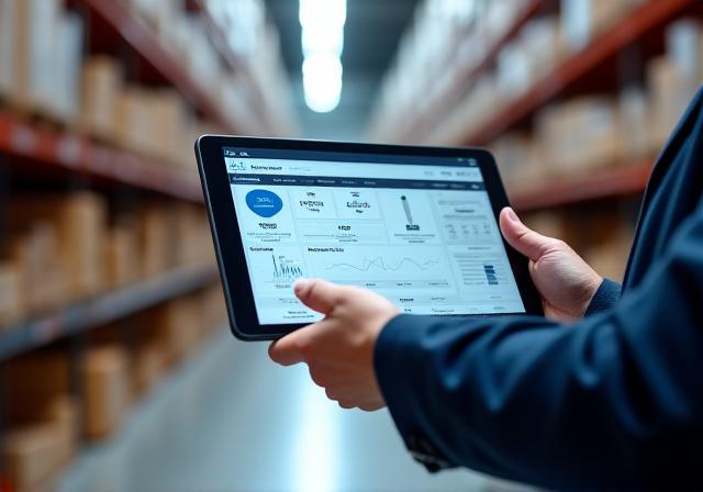 Logistics manager using a digital tablet to track inventory in a busy warehouse