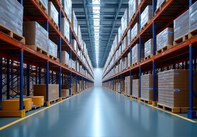Modern high-ceiling warehouse facility in Detroit Michigan with organized racking