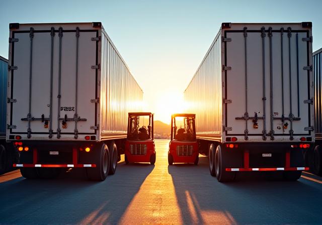 Forklifts actively cross-docking pallets between two freight trucks